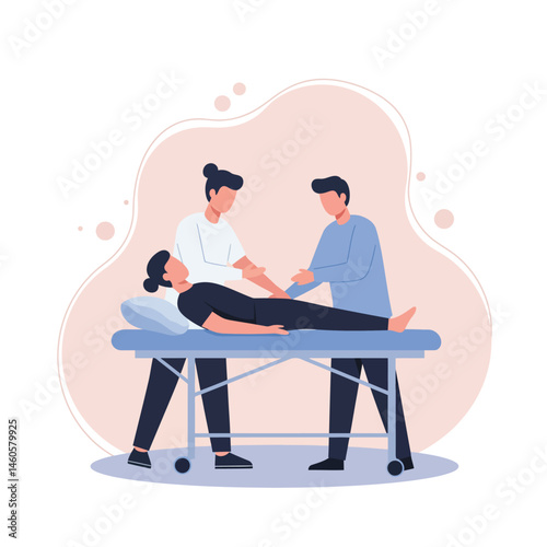 Physical therapy session with patient lying on table and two therapists assisting treatment vector illustration 