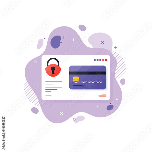 Credit card security concept with lock icon and secure payment interface design in purple abstract background vector illustration 
