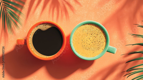 Vibrant Coffee Cups on a Sunny Table with Tropical Shadows photo