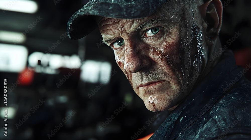 Mechanic's Face with Grease Stains: Portrait of a mechanic's face, with grease stains and a determined expression, set in a garage.
Mechanic's Face with Grease Stains: Portrait of a mechanic's face, with grease stains and a determined expression, set in a garage.