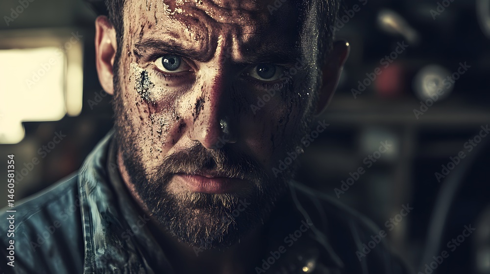 Mechanic's Face with Grease Stains: Portrait of a mechanic's face, with grease stains and a determined expression, set in a garage.
Mechanic's Face with Grease Stains: Portrait of a mechanic's face, with grease stains and a determined expression, set in a garage.