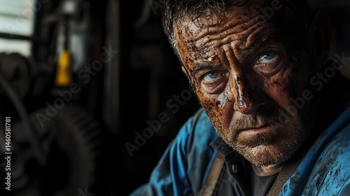 Wallpaper Mural Mechanic's Face with Grease Stains: Portrait of a mechanic's face, with grease stains and a determined expression, set in a garage. 
 Torontodigital.ca