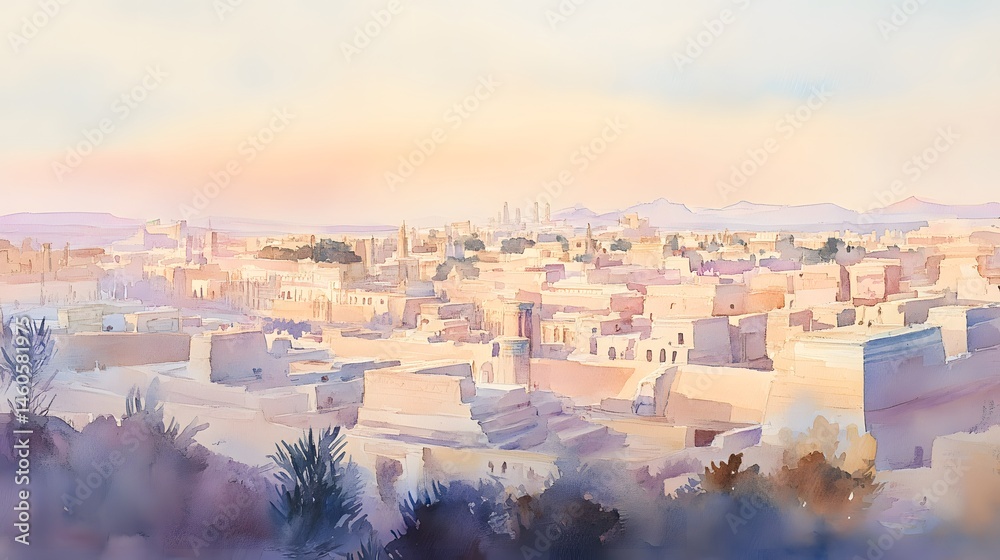 Obraz premium Scenic watercolor cityscape view at dawn.