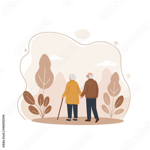 Elderly couple walking hand in hand in autumn park with brown and beige foliage vector illustration 