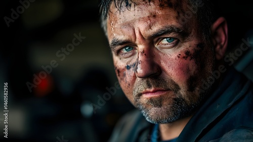 Mechanic's Face with Grease Stains: Portrait of a mechanic's face, with grease stains and a determined expression, set in a garage. 
