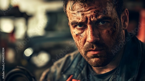 Mechanic's Face with Grease Stains: Portrait of a mechanic's face, with grease stains and a determined expression, set in a garage. 
