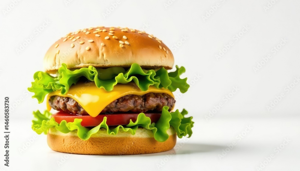 Burger with cheese and lettuce on white background , tasty, closeup, bright