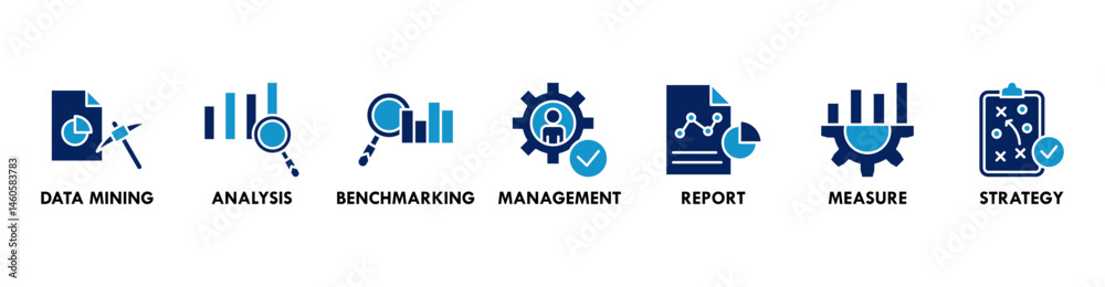 Obraz premium Business Intelligence banner web icon vector illustration concept with icon of data mining, analysis, strategy, measurement, benchmarking, report and management