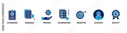 Audit banner web icon vector illustration concept with icon of standards, research, process, examination, objective, account, and quality