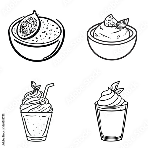 Line art dessert bowls & glasses with toppings & cream. Isolated on transparent