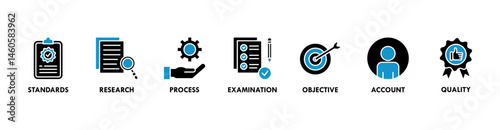 Audit banner web icon vector illustration concept with icon of standards, research, process, examination, objective, account, and quality