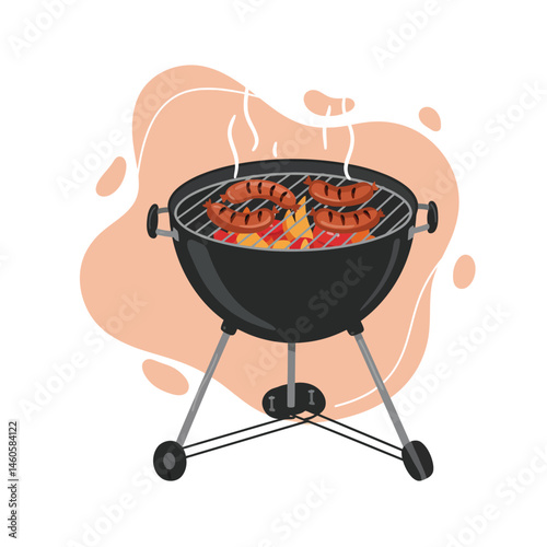Outdoor barbecue grill cooking sausages and vegetables on charcoal with smoke vector illustration