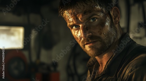 Mechanic's Face with Grease Stains: Portrait of a mechanic's face, with grease stains and a determined expression, set in a garage. 
