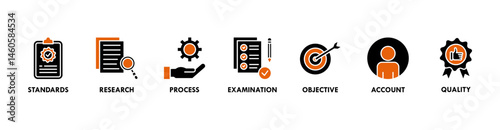 Audit banner web icon vector illustration concept with icon of standards, research, process, examination, objective, account, and quality
