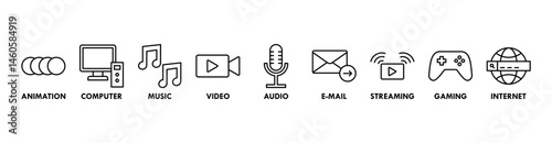 Multimedia banner web icon vector illustration concept with icon of animation, computer, music, video, audio, e-mail, streaming, gaming and internet