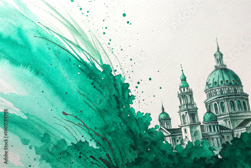 Deep green watercolor brushstroke with textured edges on white background
