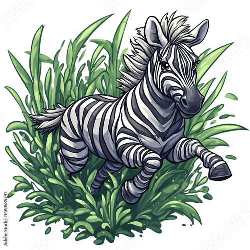 A Cartoon Zebra Running Through Tall Grass Isolated on Transparent Background