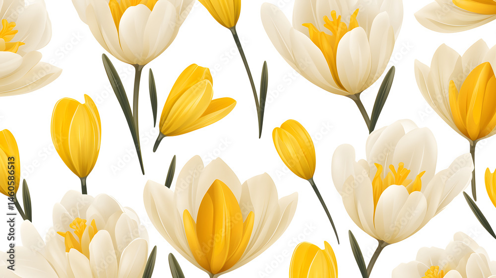 Professional Seamless Pattern featuring Bright Spring Yellow Crocus Flowers Professional Seamless Pattern featuring Bright Spring Yellow Crocus Flowers