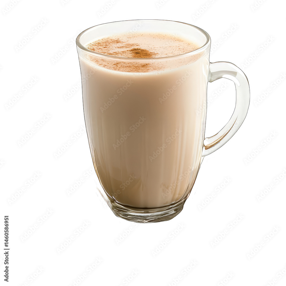 A clear glass mug filled with a creamy beverage and spice on top view A clear glass mug filled with a creamy beverage and spice on top view