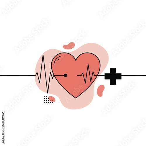 Heartbeat pulse line with heart shape and medical cross symbol vector illustration for health care and cardiology concepts 
