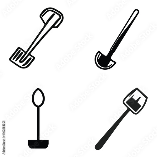 Line Art Garden Tool Set with Hand Trowel, Spade, Fork on Transparent Background