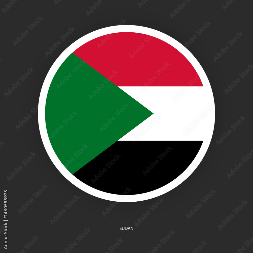 Sudan circle flag icon with shadow on dark background. Sudan button icon with white border isolated dark grey background Sudan circle flag icon with shadow on dark background. Sudan button icon with white border isolated dark grey background