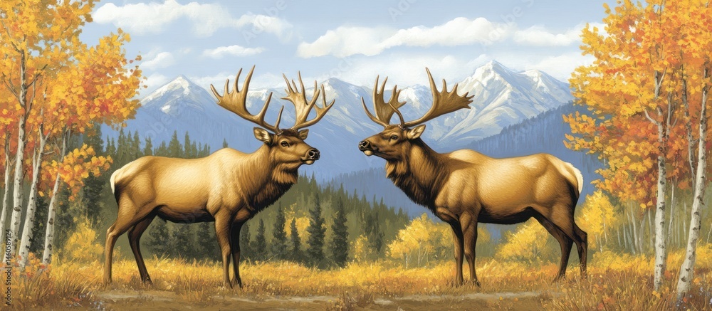 Fototapeta premium Majestic Elk Encounter in an Autumn Landscape Under a Cloudy Sky