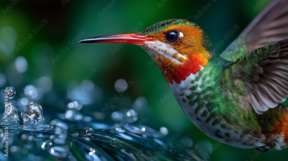 Fototapeta premium Hummingbird in Flight: A dazzling hummingbird, iridescent feathers glinting in the sunlight, hovers near a water source, creating a stunning display of nature's beauty and aerial agility.