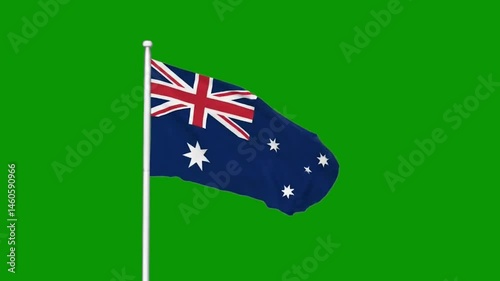 Australia flag waving in wind, HD green screen video. Australia flag on pole, seamless green background. Australia flag footage, no copyright.