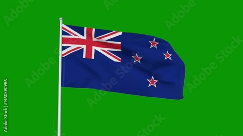 New Zealand flag waving in wind, HD green screen video. New Zealand flag on pole, seamless green background. New Zealand flag footage, no copyright.