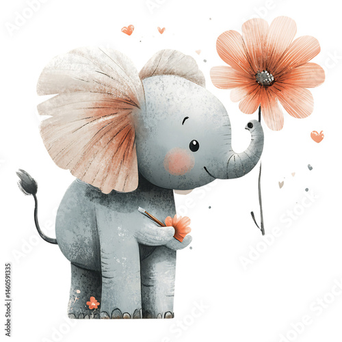 Small Elephant Holding Flower in Mouth Cartoon Art Isolated on Transparent Background