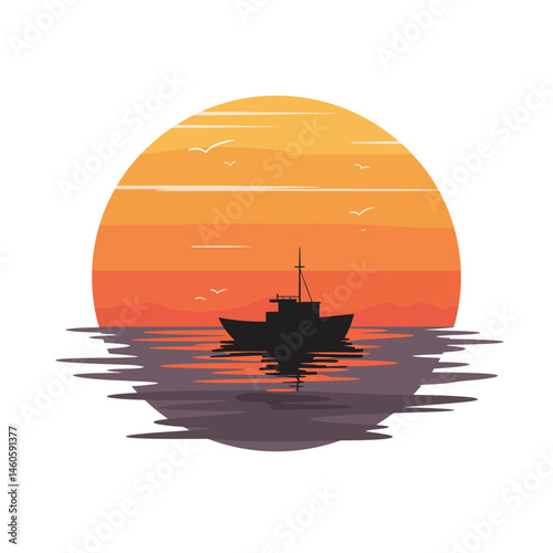 Fishing boat silhouette at sunset with orange and yellow sky reflecting on water vector illustration 