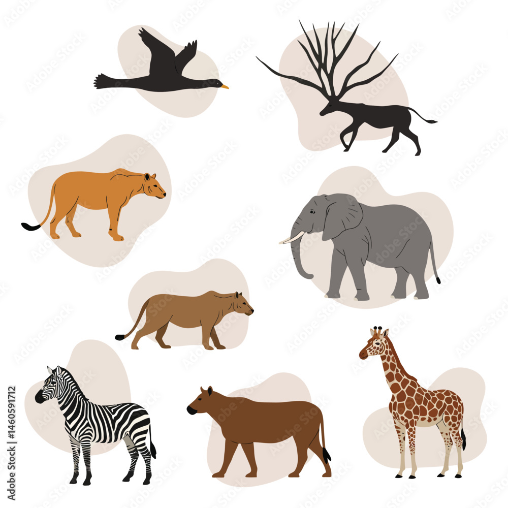 Obraz premium African wild animals collection including elephant giraffe zebra and more in simple vector style natural design 