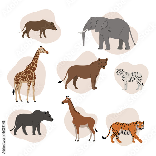 African wild animals collection with elephant giraffe zebra tiger and more in vector style illustration 