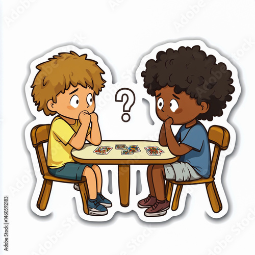 A colorful sticker featuring two kids sitting at a table, busy playing a fun card game, with playful expressions and a lively atmosphere. photo