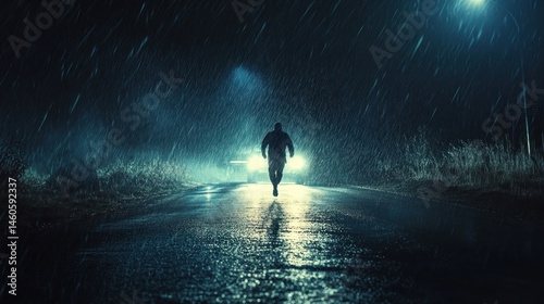 Solitary figure facing headlights in the deluge of a night storm