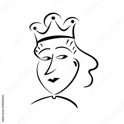 One-line abstract king face with crown, black on white