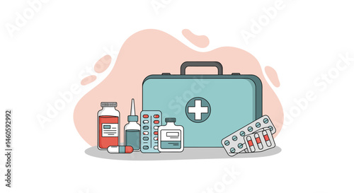Medical kit with syringe, pills, vaccine bottle, and first aid supplies in flat vector illustration style 