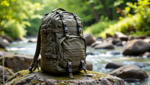 Exploring nature with a tactical backpack by a serene river outdoor photography forest environment close-up view