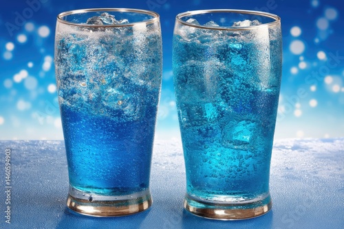 Two Refreshing Blue Curacao Cocktails with Ice on a Sparkly Blue Backdrop