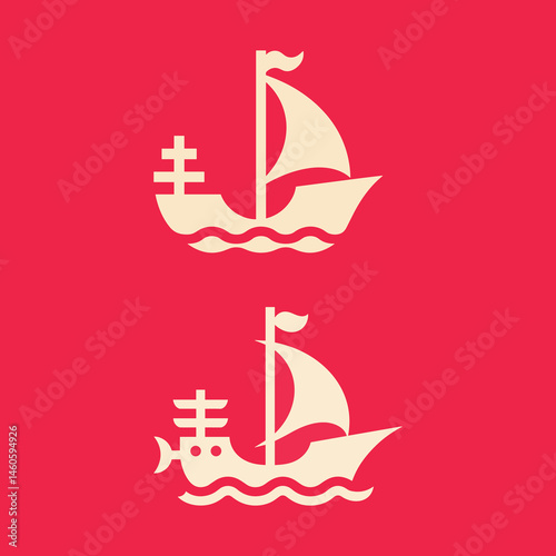 Sailboat Icons with Masts and Flags on a Vibrant Red Background for Nautical Themed Designs and Children's Illustrations