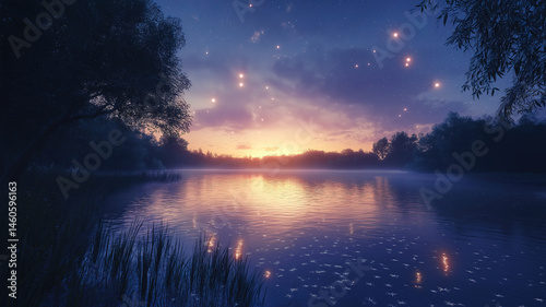 Tranquil starry river views, with soft reflections on the water creating a peaceful ambiance