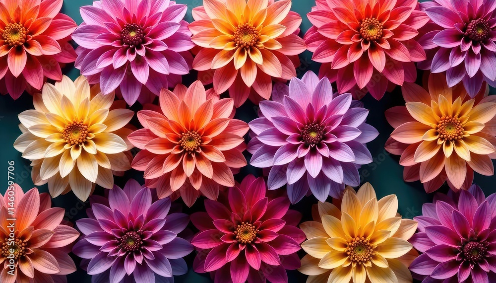 Obraz premium Intricate dahlia blooms in vibrant hues, forming a repeating pattern , trendy, print, surface