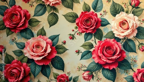 Intricate, blooming rose pattern on vintage fabric, detail, texture, textile