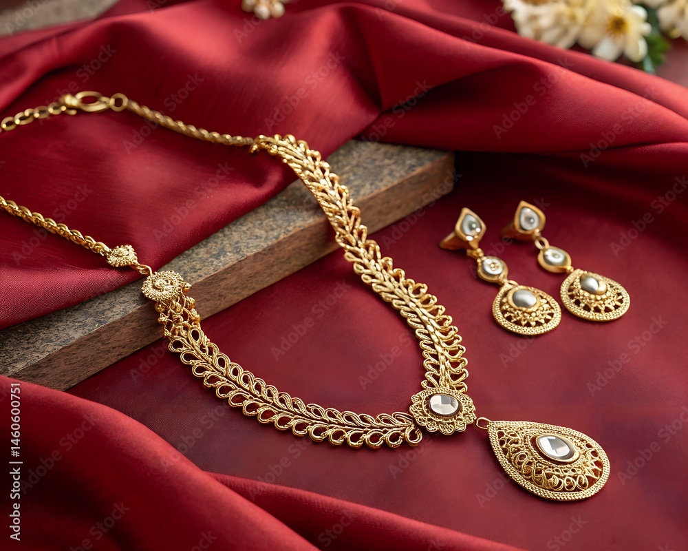 Fototapeta premium Golden necklace and earrings set on a luxurious red satin fabric backdrop