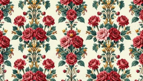 Intricate floral damask, repeating pattern with acanthus leaves and roses , card, sophisticated, luxury