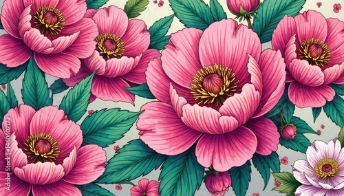 Intricate line art peony blossoms, endlessly repeating , peony pattern, black and white pattern