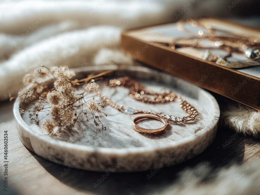 Elegant jewelry display on a decorative marble tray. Elegant jewelry display on a decorative marble tray.