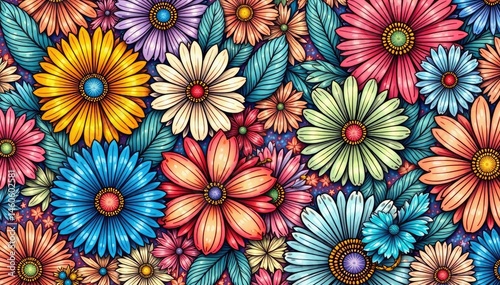 Intricate line art floral design, endlessly repeating , leaves, flowers