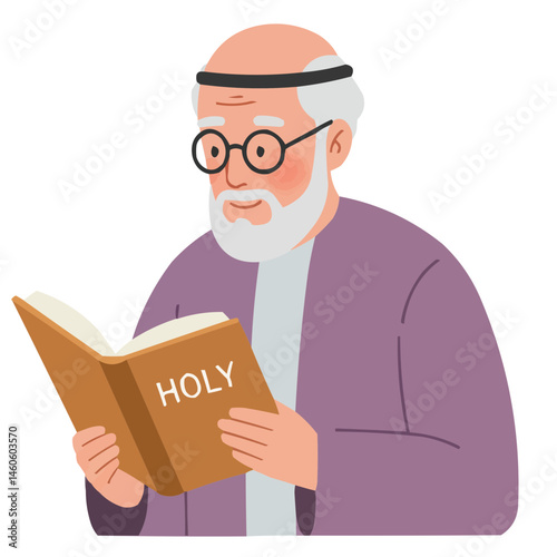 Elderly man reading holy book - silver-haired man with glasses intently reading sacred text, warm light creating atmosphere of tranquility and spiritual focus.
